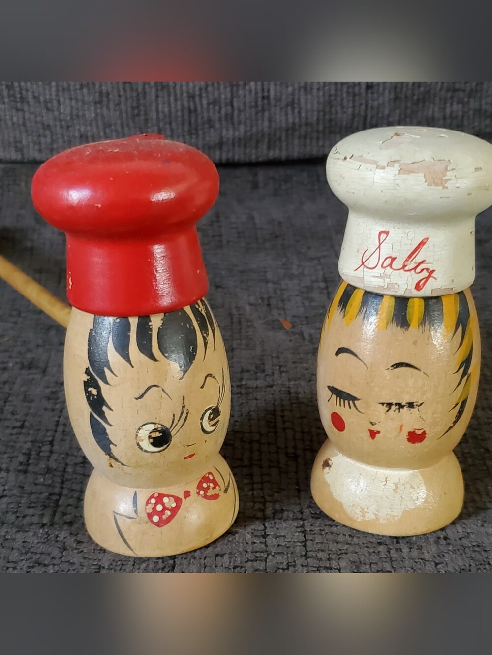 Vintage MCM Salty & Peppy Wooden Chef Shakers Set